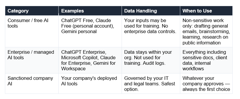 The Smart Professional's AI Toolkit
The first decision is not which AI tool to use. It is whether the AI tool you're using is appropriate for your workplace context. There are two categories:
